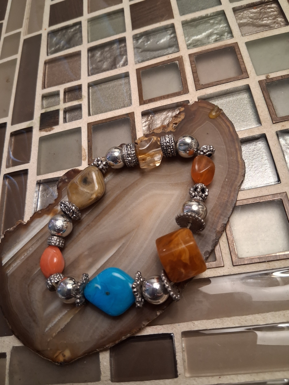 Handcrafted Turquoise & Amber Beaded Stretch Bracelet โ Women Jewelry